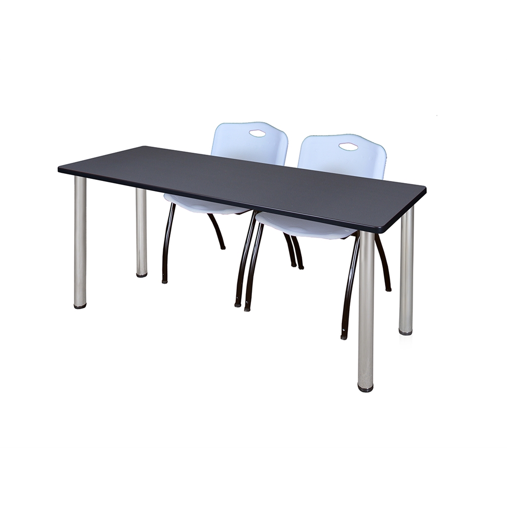 60" x 24" Kee Training Table- Grey/ Chrome & 2 'M' Stack Chairs- Grey. Picture 1
