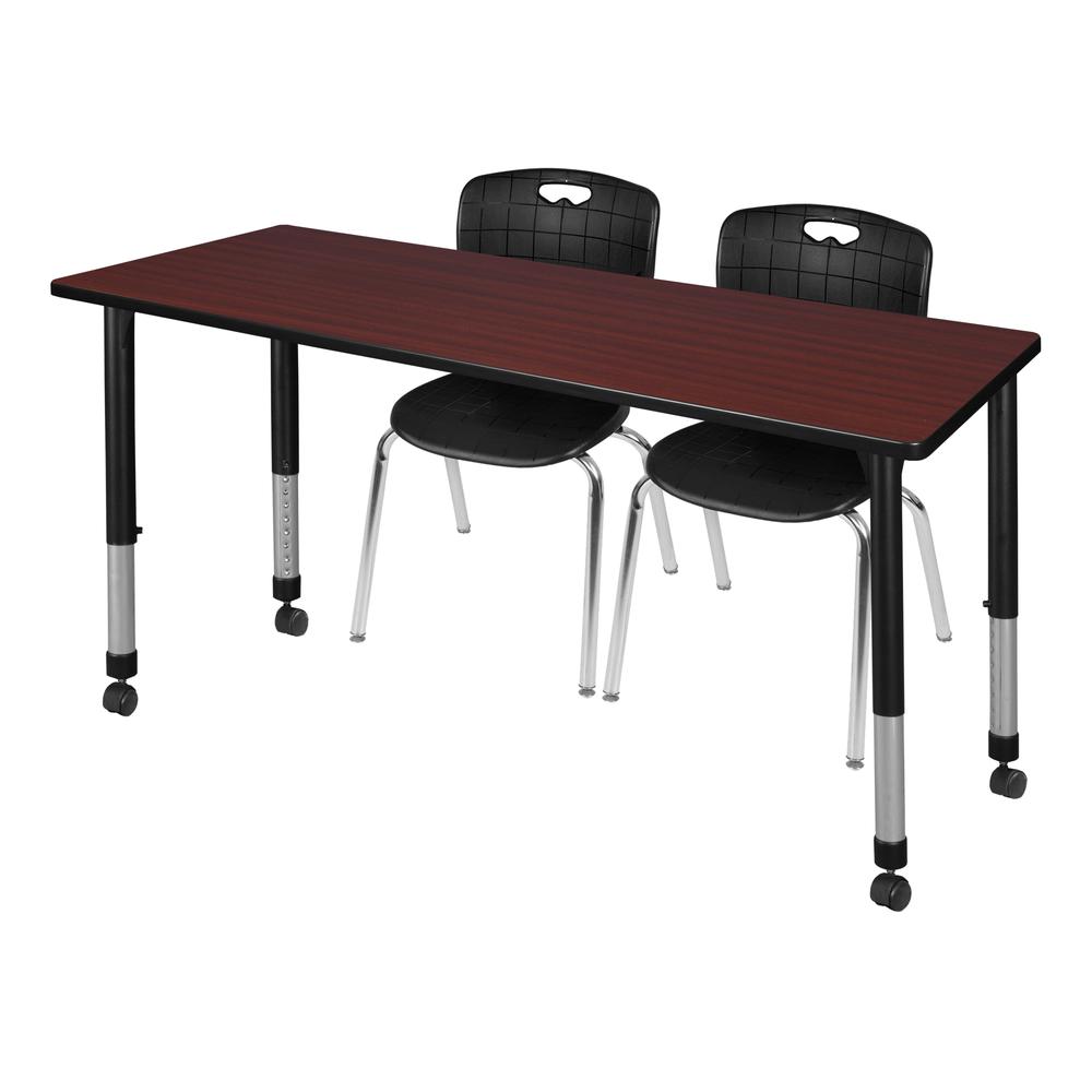 Kee 60" x 24" Height Adjustable Mobile Classroom Table - Mahogany & 2 Andy 18-in Stack Chairs- Black. Picture 1