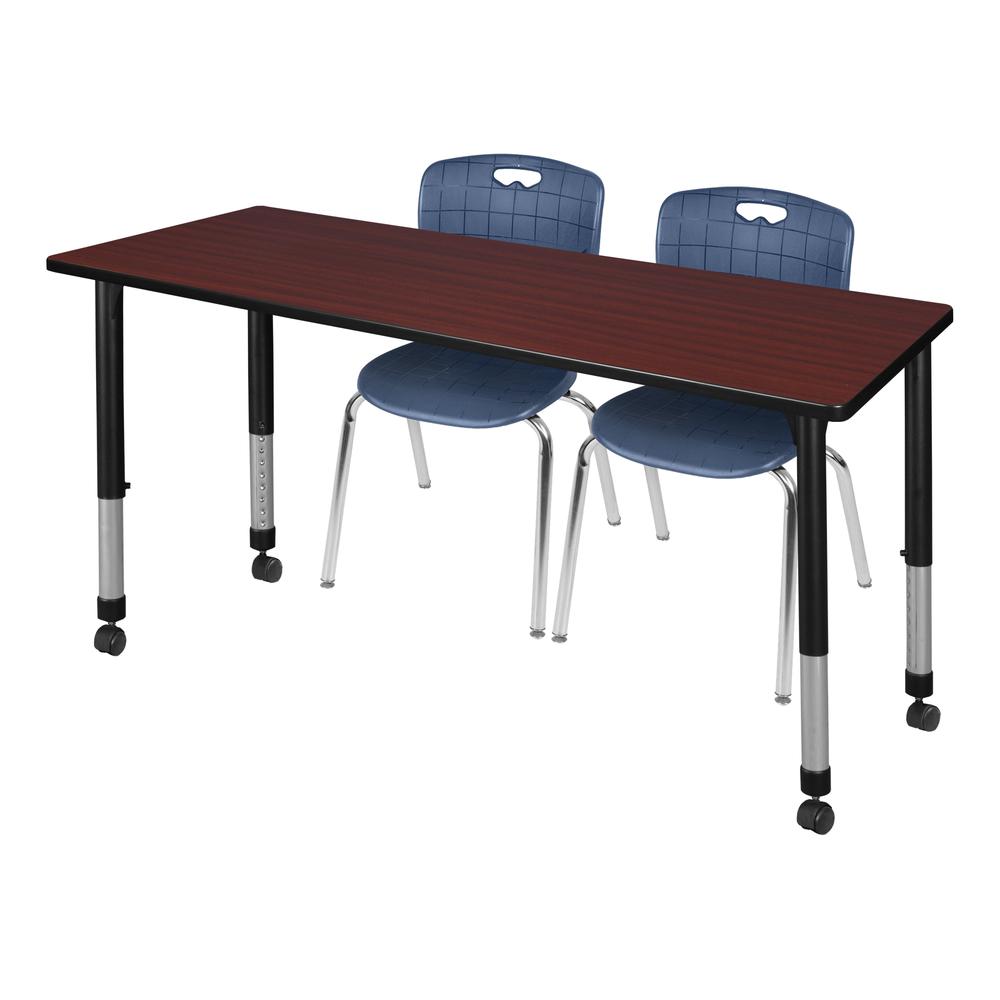 Kee 60" x 24" Height Adjustable Mobile Classroom Table - Mahogany & 2 Andy 18-in Stack Chairs- Navy Blue. Picture 1