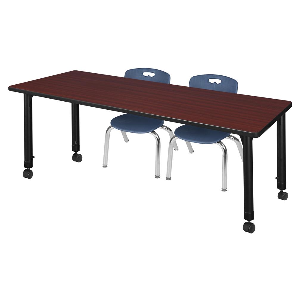 Kee 60" x 24" Height Adjustable Mobile Classroom Table - Mahogany & 2 Andy 12-in Stack Chairs- Navy Blue. Picture 1
