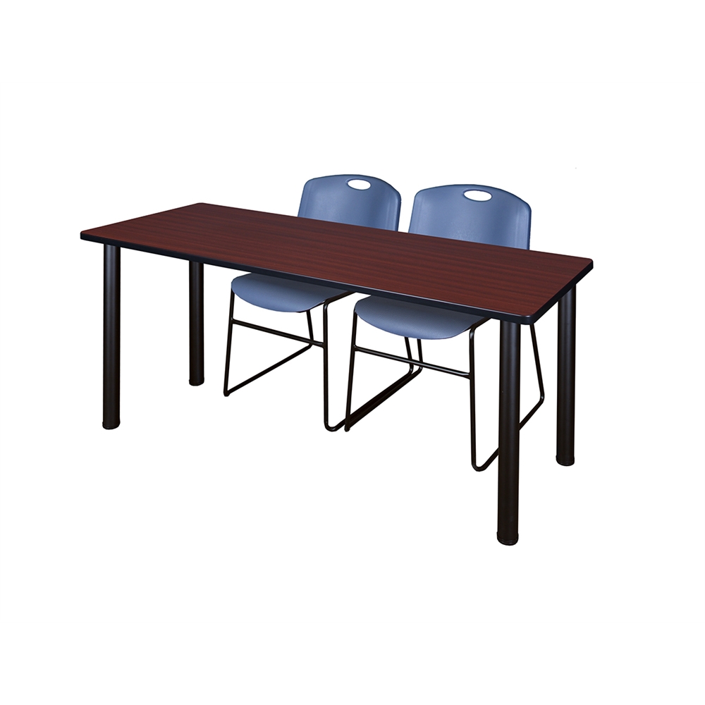 60" x 24" Kee Training Table- Mahogany/ Black & 2 Zeng Stack Chairs- Blue. Picture 1