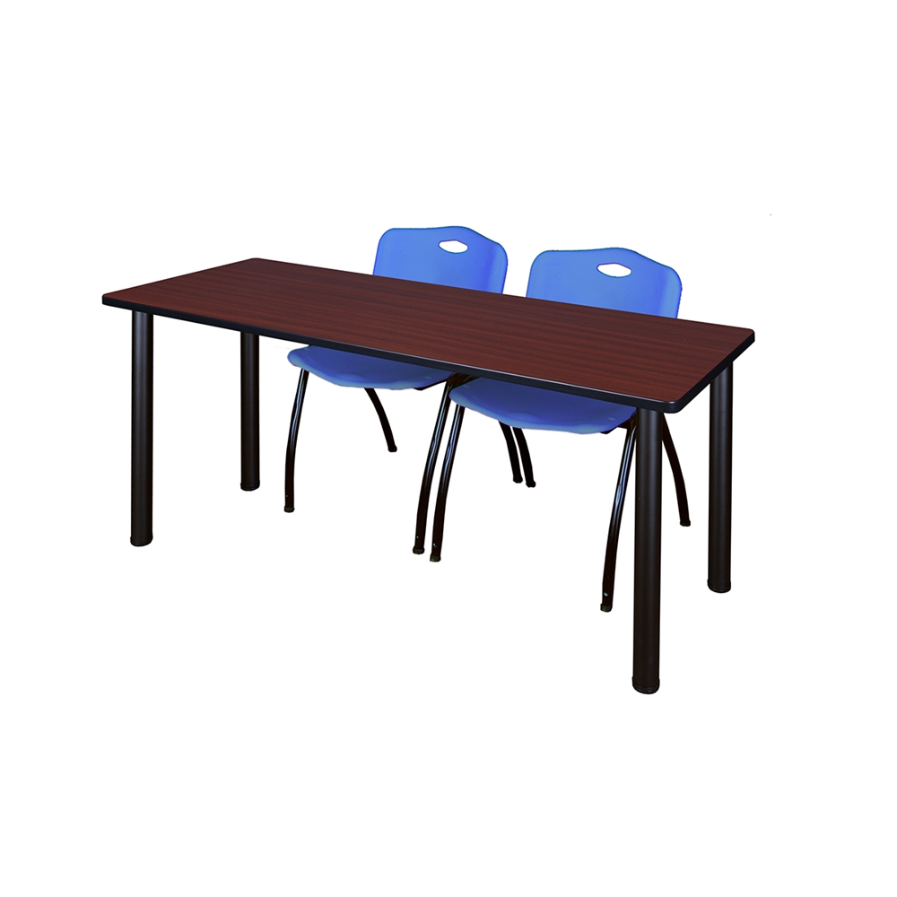 60" x 24" Kee Training Table- Mahogany/ Black & 2 'M' Stack Chairs- Blue. Picture 1