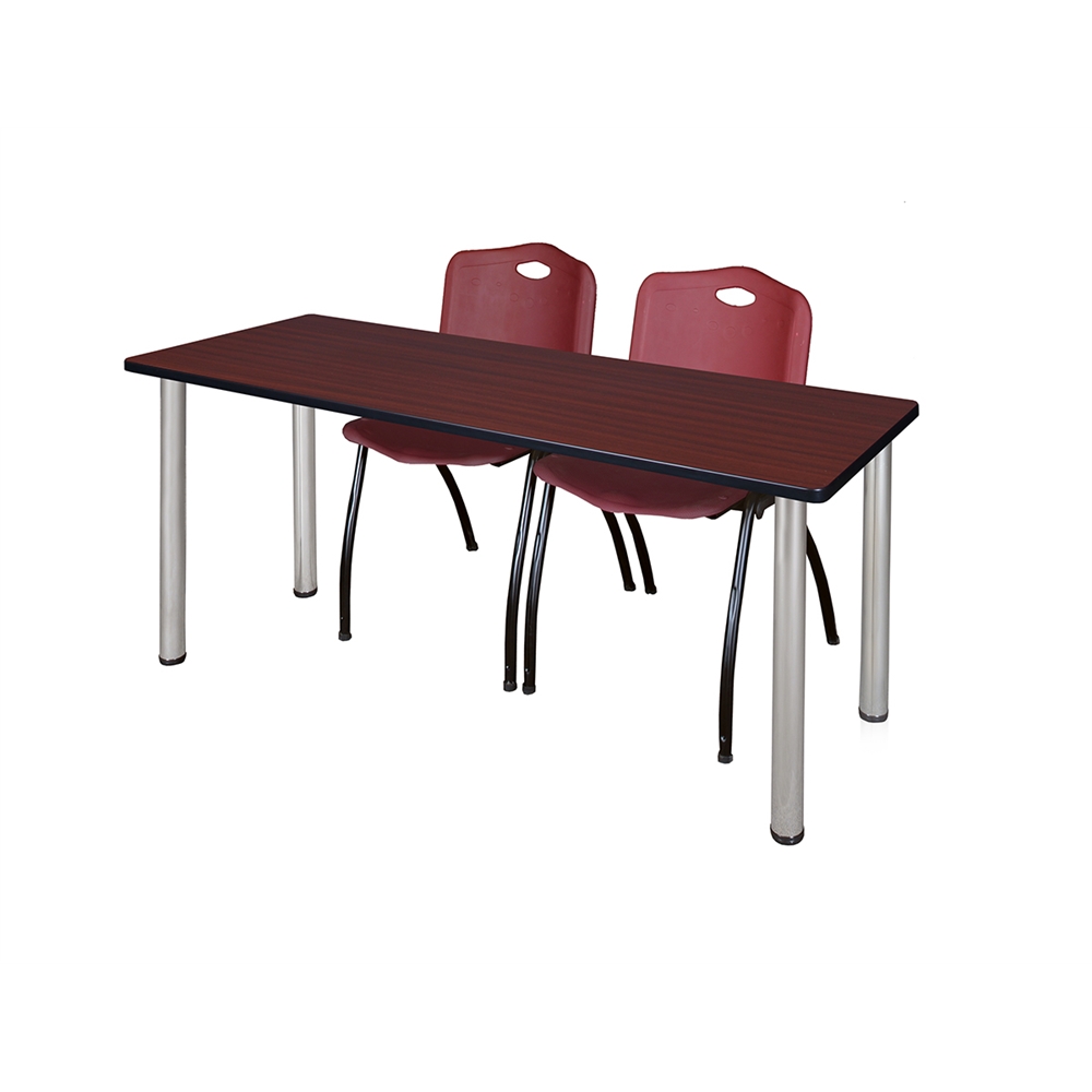 60" x 24" Kee Training Table- Mahogany/ Chrome & 2 'M' Stack Chairs- Burgundy. Picture 1