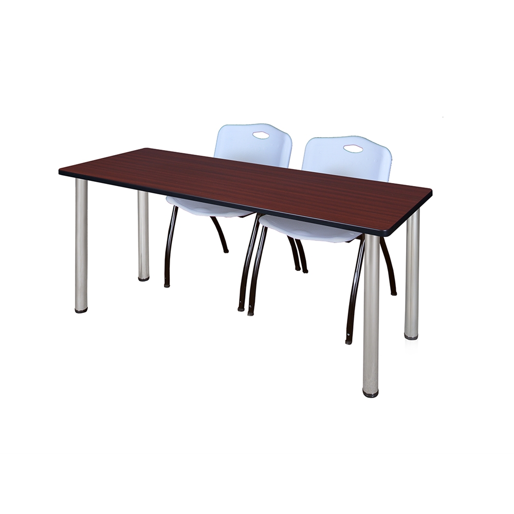 60" x 24" Kee Training Table- Mahogany/ Chrome & 2 'M' Stack Chairs- Grey. Picture 1