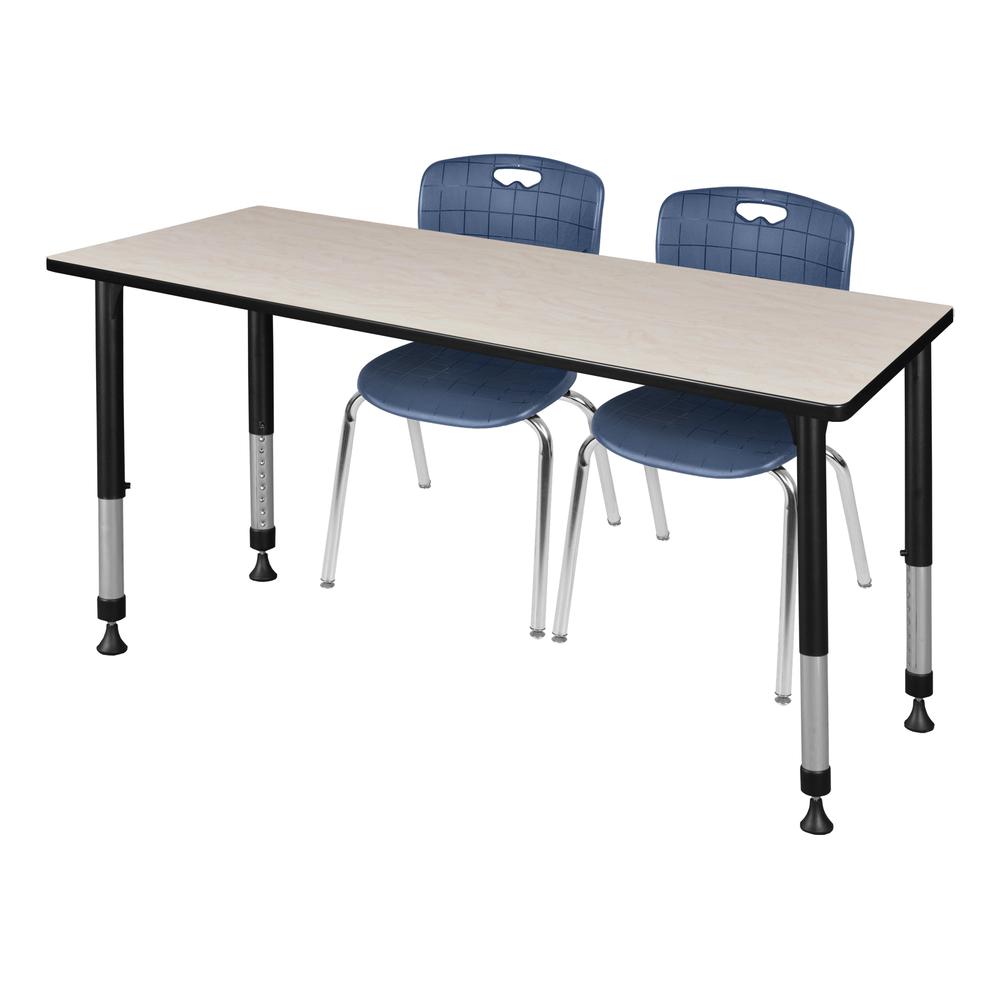 Kee 60" x 24" Height Adjustable Classroom Table - Maple & 2 Andy 18-in Stack Chairs- Navy Blue. Picture 1
