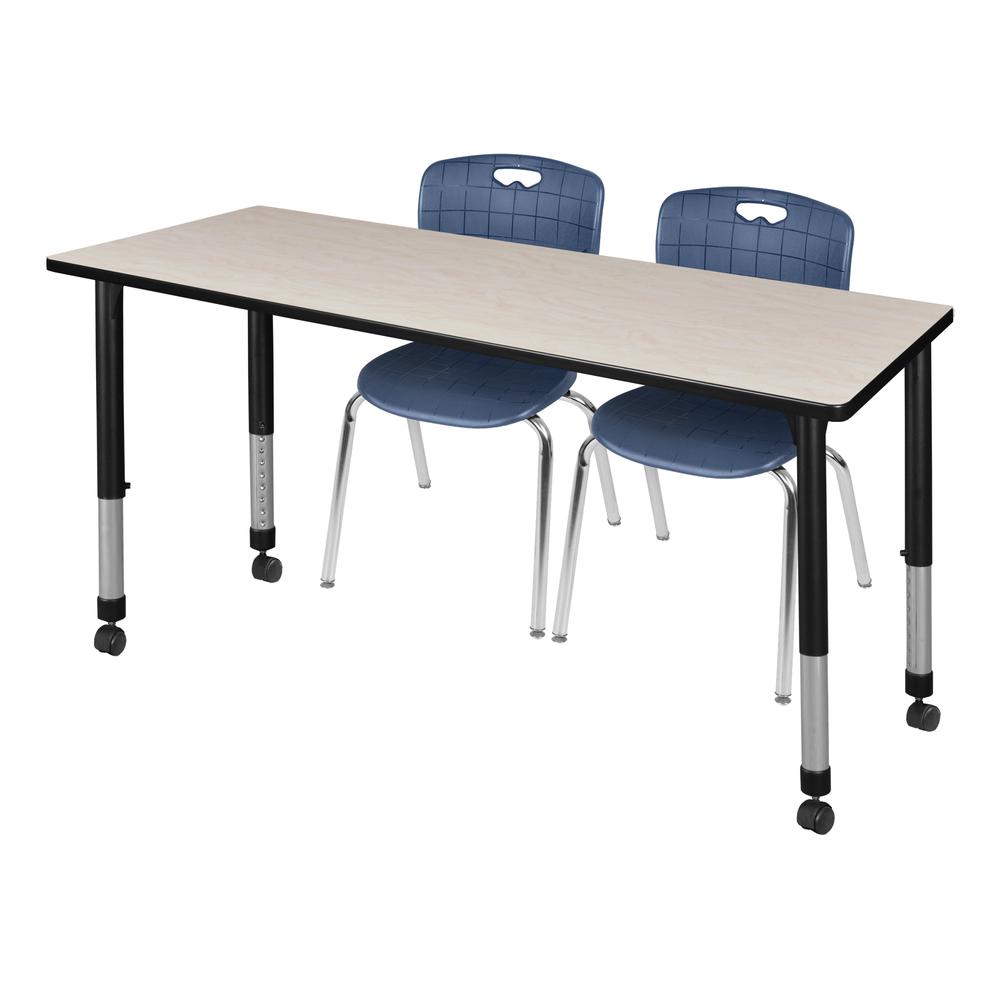 Kee 60" x 24" Height Adjustable Mobile Classroom Table - Maple & 2 Andy 18-in Stack Chairs- Navy Blue. Picture 1