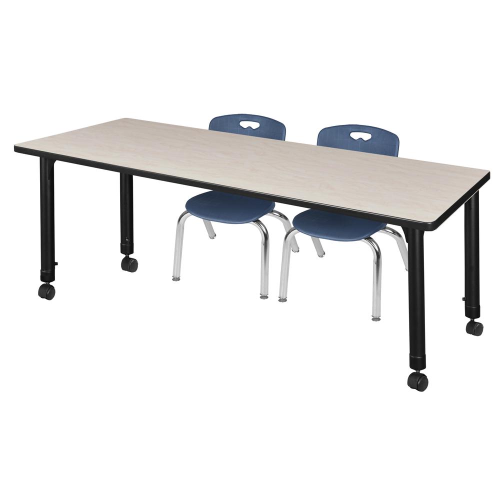 Kee 60" x 24" Height Adjustable Mobile Classroom Table - Maple & 2 Andy 12-in Stack Chairs- Navy Blue. Picture 1