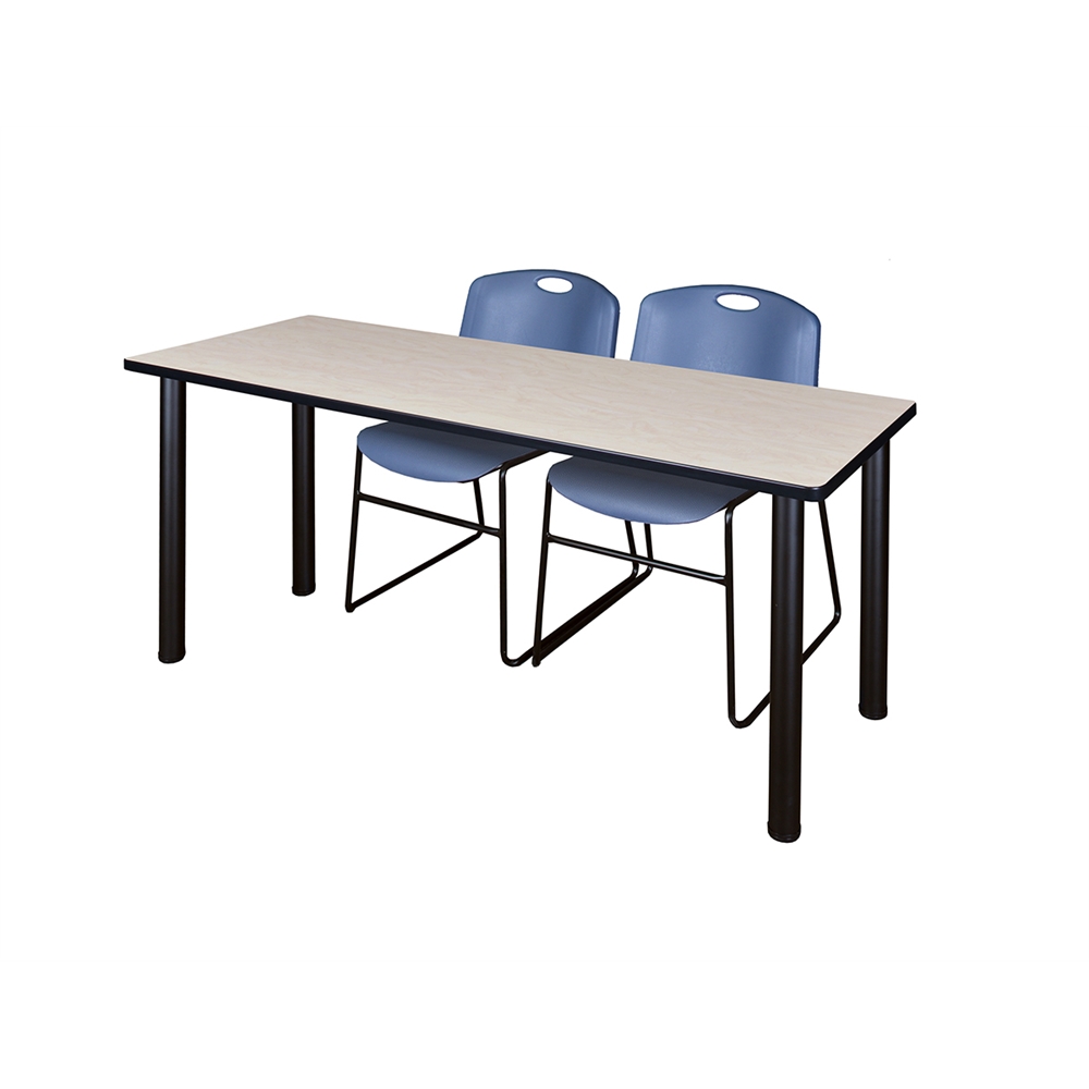 60" x 24" Kee Training Table- Maple/ Black & 2 Zeng Stack Chairs- Blue. Picture 1