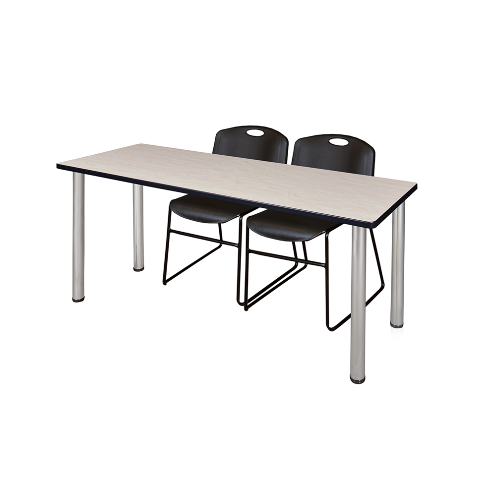 60" x 24" Kee Training Table- Maple/ Chrome & 2 Zeng Stack Chairs- Black. Picture 1