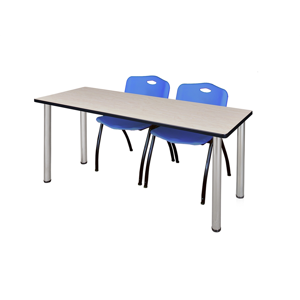 60" x 24" Kee Training Table- Maple/ Chrome & 2 'M' Stack Chairs- Blue. Picture 1