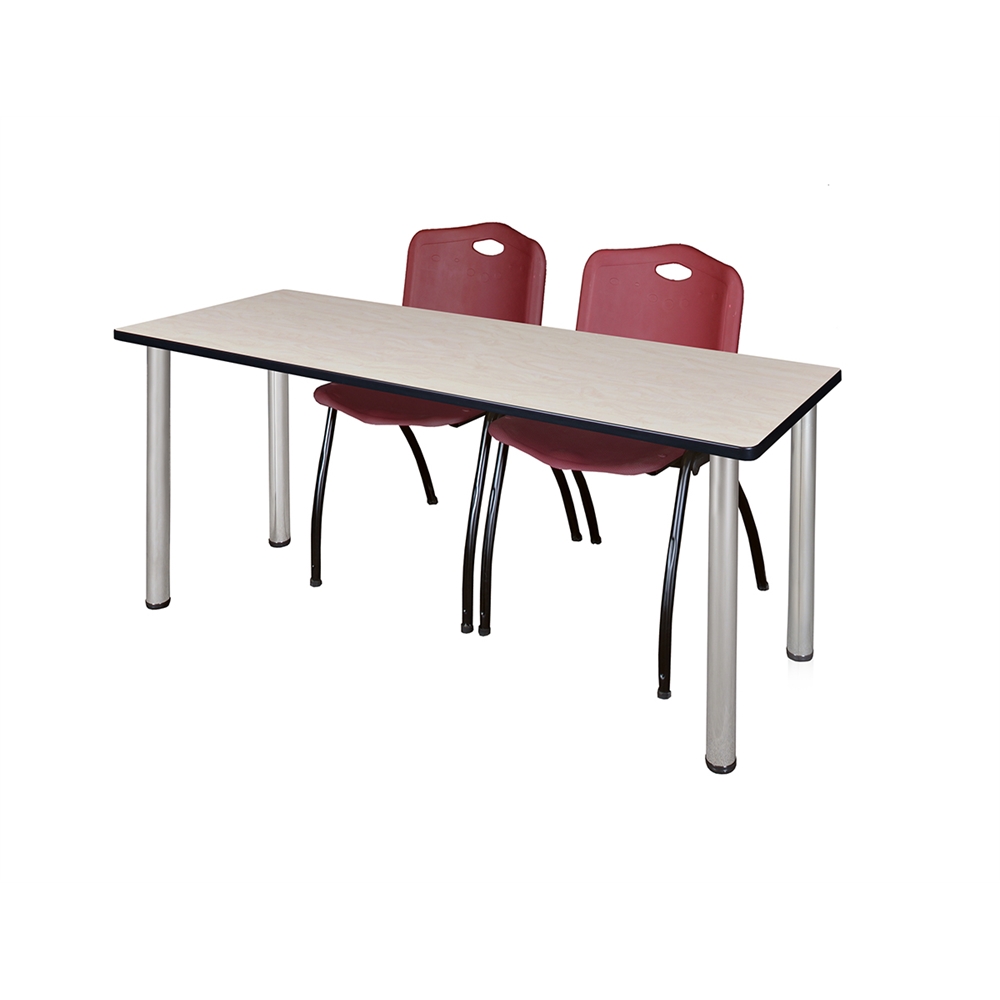 60" x 24" Kee Training Table- Maple/ Chrome & 2 'M' Stack Chairs- Burgundy. Picture 1