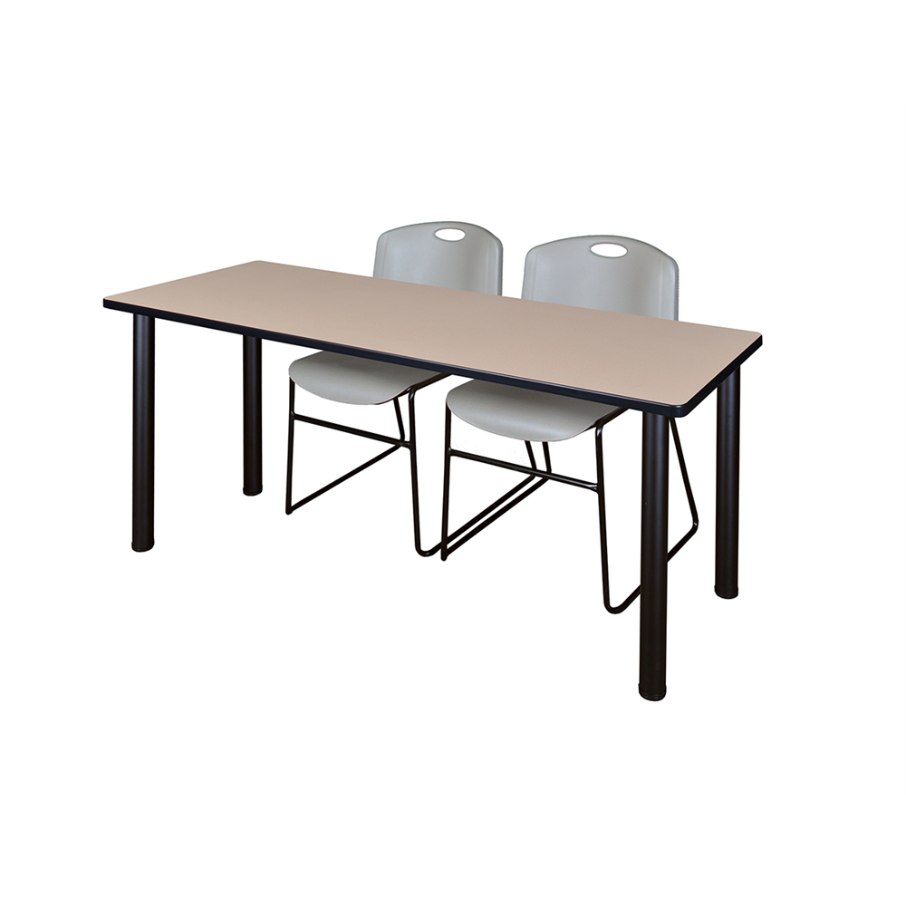 66" x 24" Kee Training Table- Beige/ Black & 2 Zeng Stack Chairs- Grey. Picture 1
