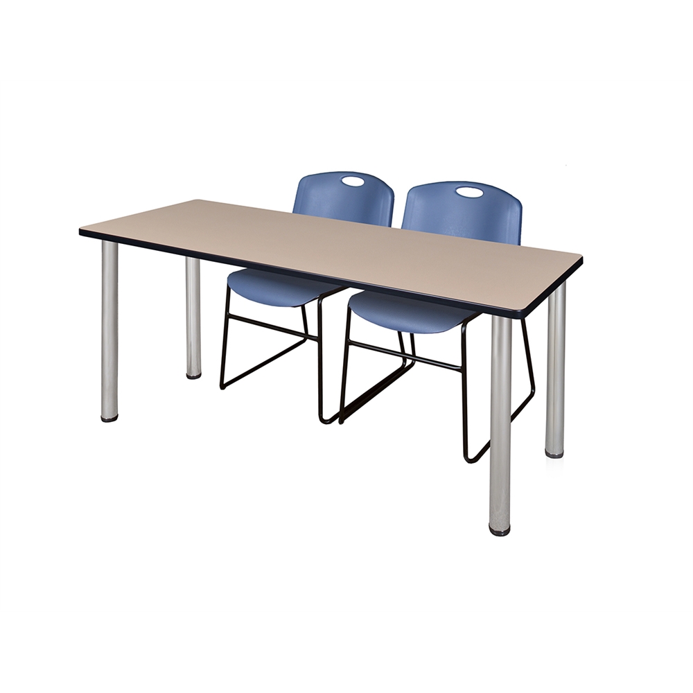66" x 24" Kee Training Table- Beige/ Chrome & 2 Zeng Stack Chairs- Blue. Picture 1