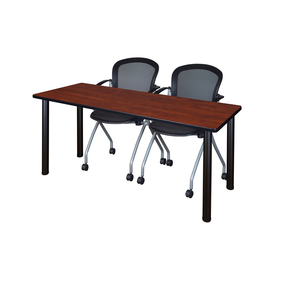 66" x 24" Kee Training Table- Cherry/Black and 2 Cadence Nesting Chairs. Picture 1