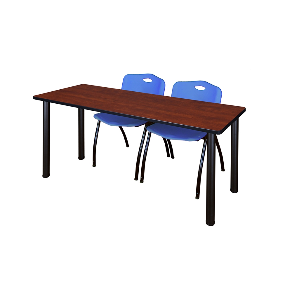66" x 24" Kee Training Table- Cherry/ Black & 2 'M' Stack Chairs- Blue. The main picture.