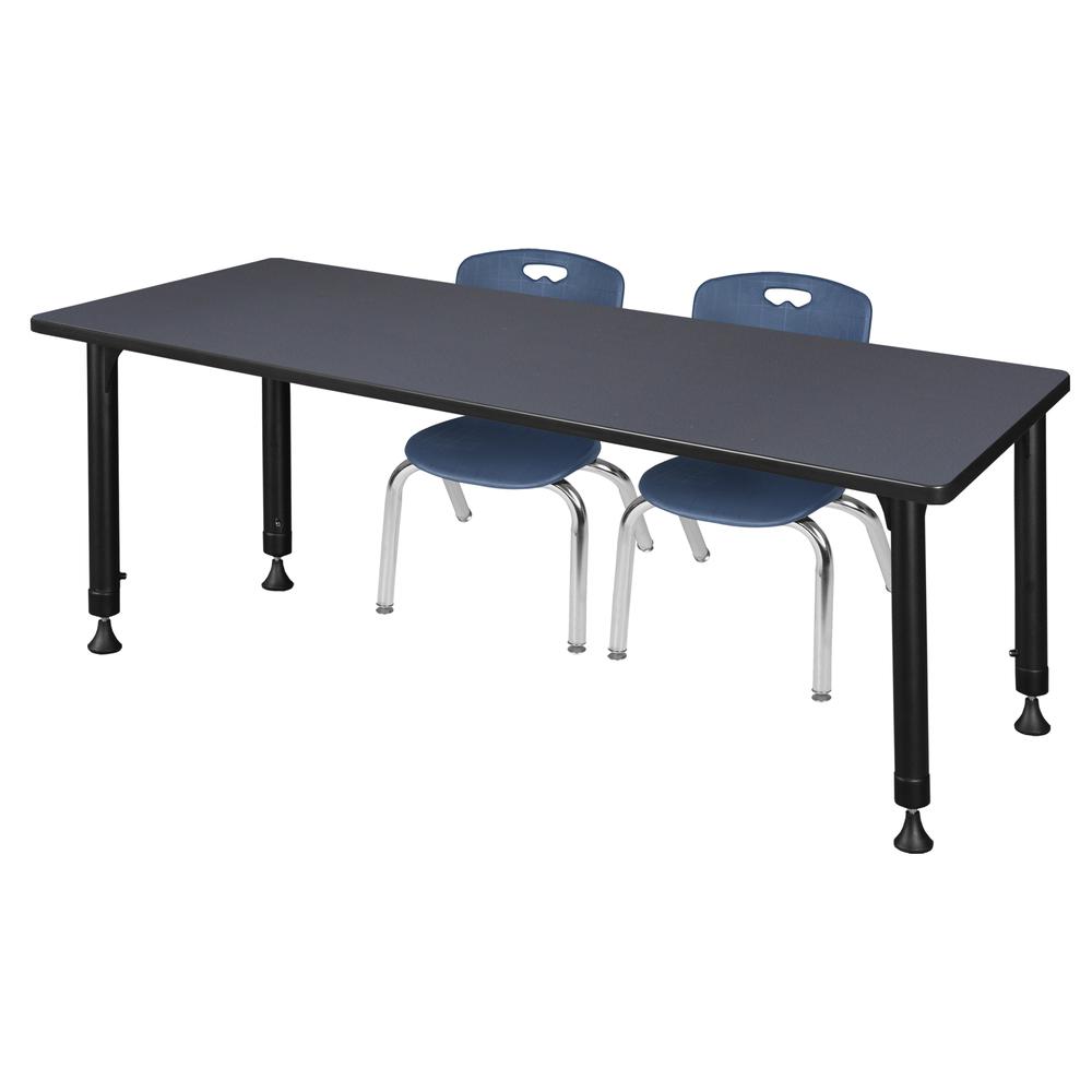 Kee 66" x 24" Height Adjustable Classroom Table - Grey & 2 Andy 12-in Stack Chairs- Navy Blue. Picture 1