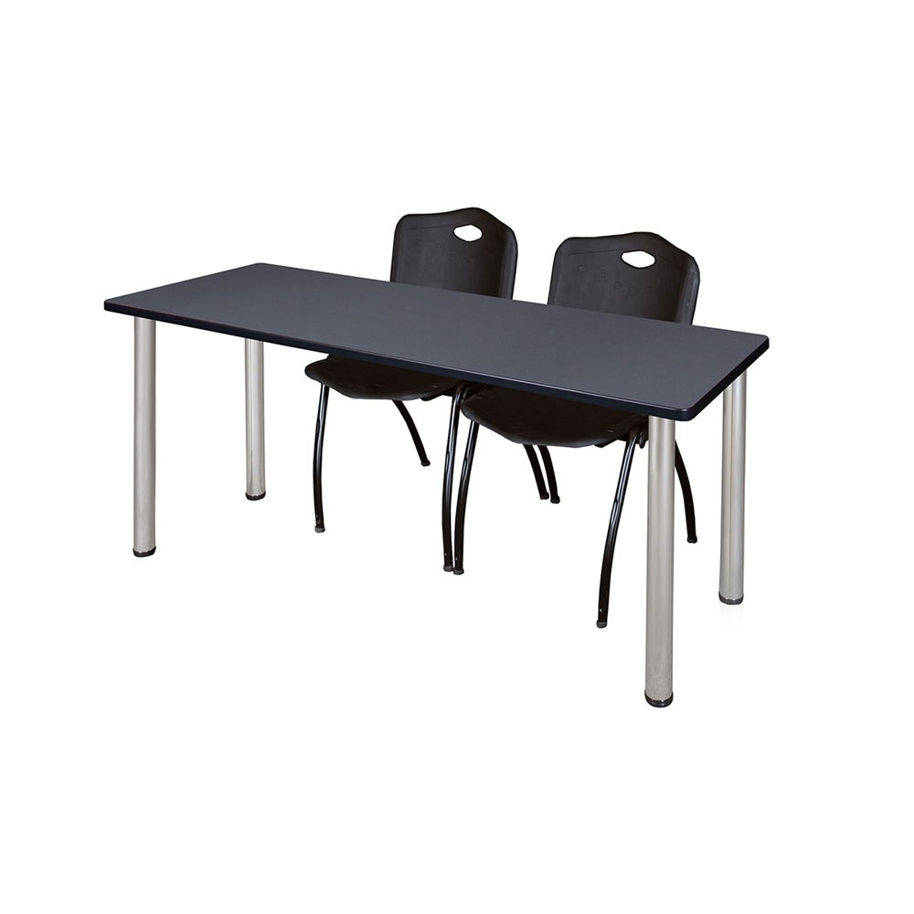 66" x 24" Kee Training Table- Grey/ Chrome & 2 'M' Stack Chairs- Black. Picture 1
