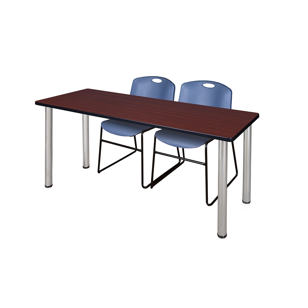 66" x 24" Kee Training Table- Mahogany/ Chrome & 2 Zeng Stack Chairs- Blue. Picture 1