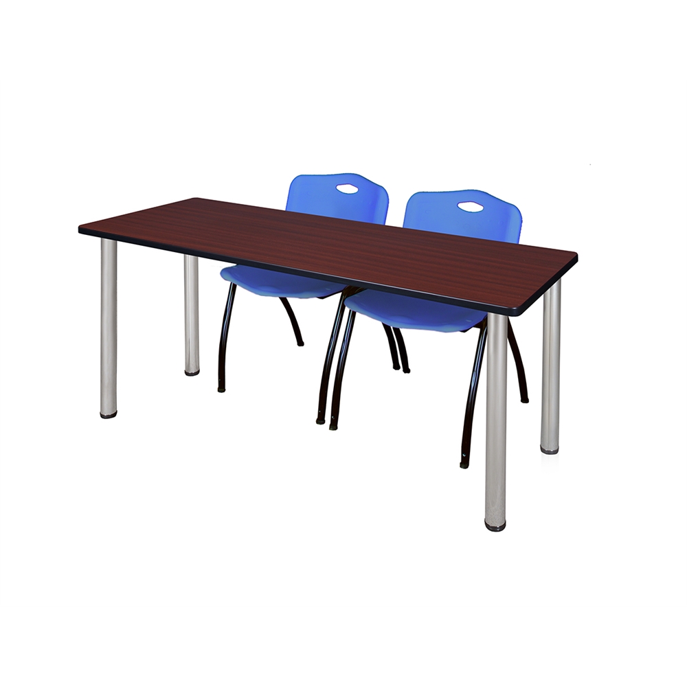 66" x 24" Kee Training Table- Mahogany/ Chrome & 2 'M' Stack Chairs- Blue. Picture 1