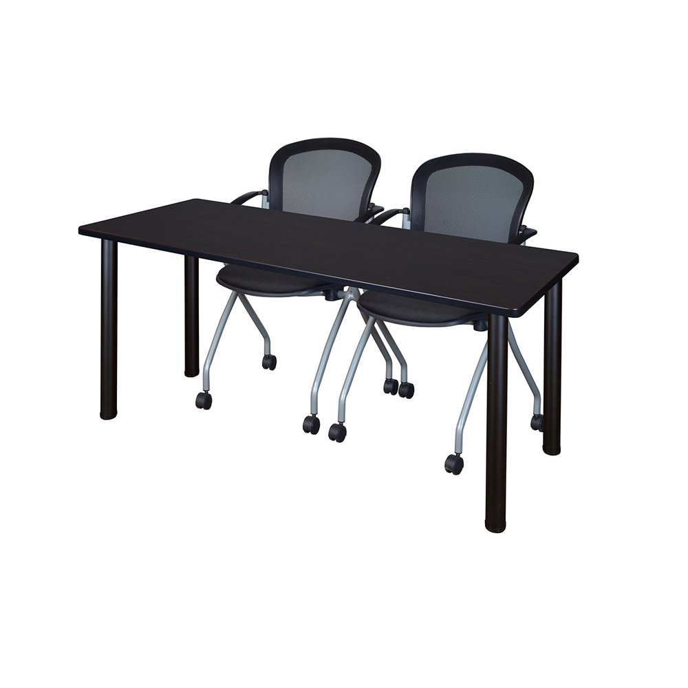 66" x 24" Kee Training Table- Mocha Walnut/Black and 2 Cadence Nesting Chairs. Picture 1