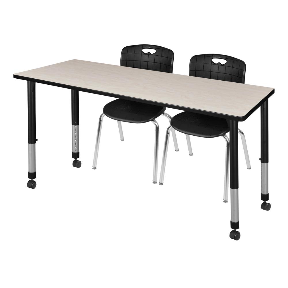 Kee 66" x 24" Height Adjustable Mobile Classroom Table - Maple & 2 Andy 18-in Stack Chairs- Black. Picture 1