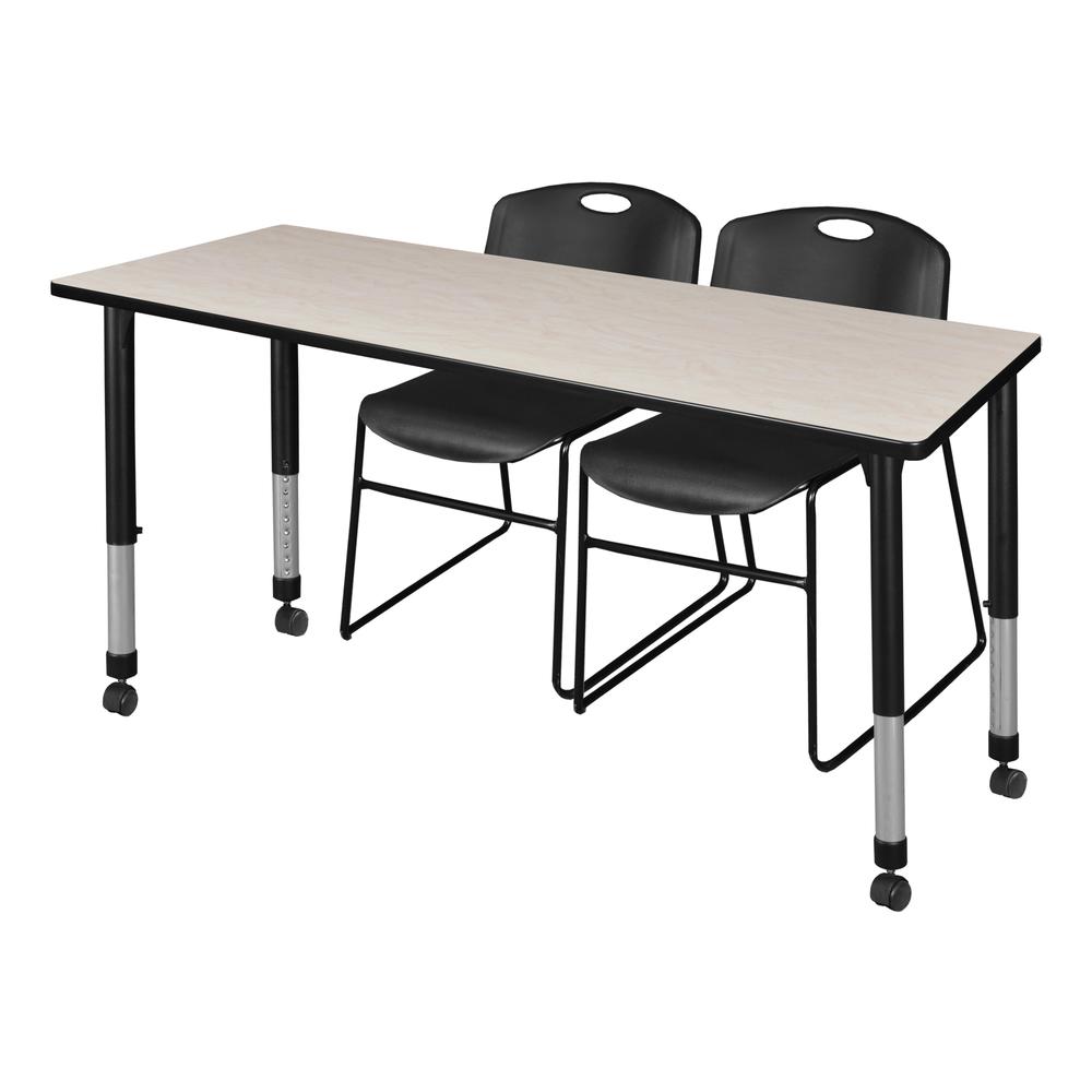 Kee 66" x 24" Height Adjustable Mobile Classroom Table - Maple & 2 Zeng Stack Chairs- Black. Picture 1