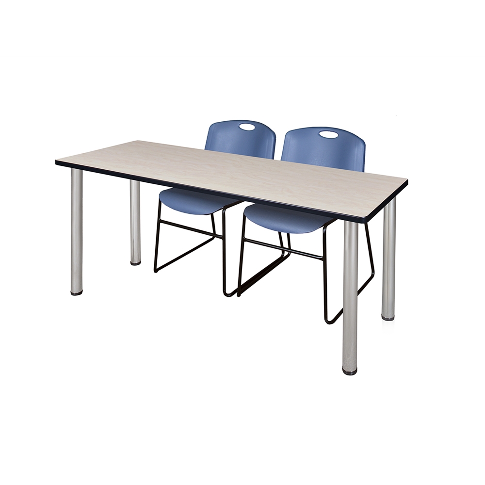 66" x 24" Kee Training Table- Maple/ Chrome & 2 Zeng Stack Chairs- Blue. Picture 1