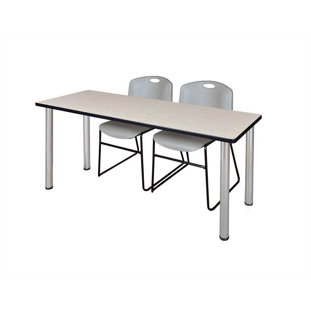 66" x 24" Kee Training Table- Maple/ Chrome & 2 Zeng Stack Chairs- Grey. Picture 1