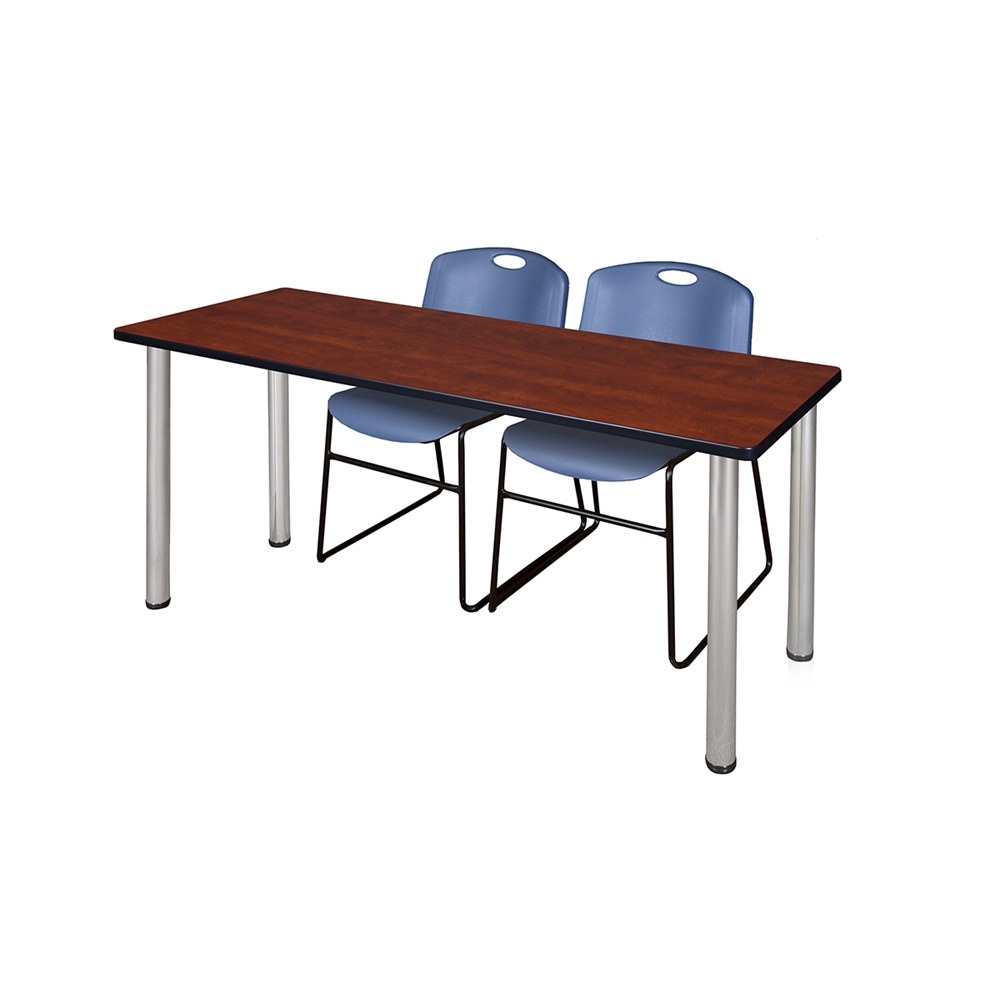 72" x 24" Kee Training Table- Cherry/ Chrome & 2 Zeng Stack Chairs- Blue. The main picture.