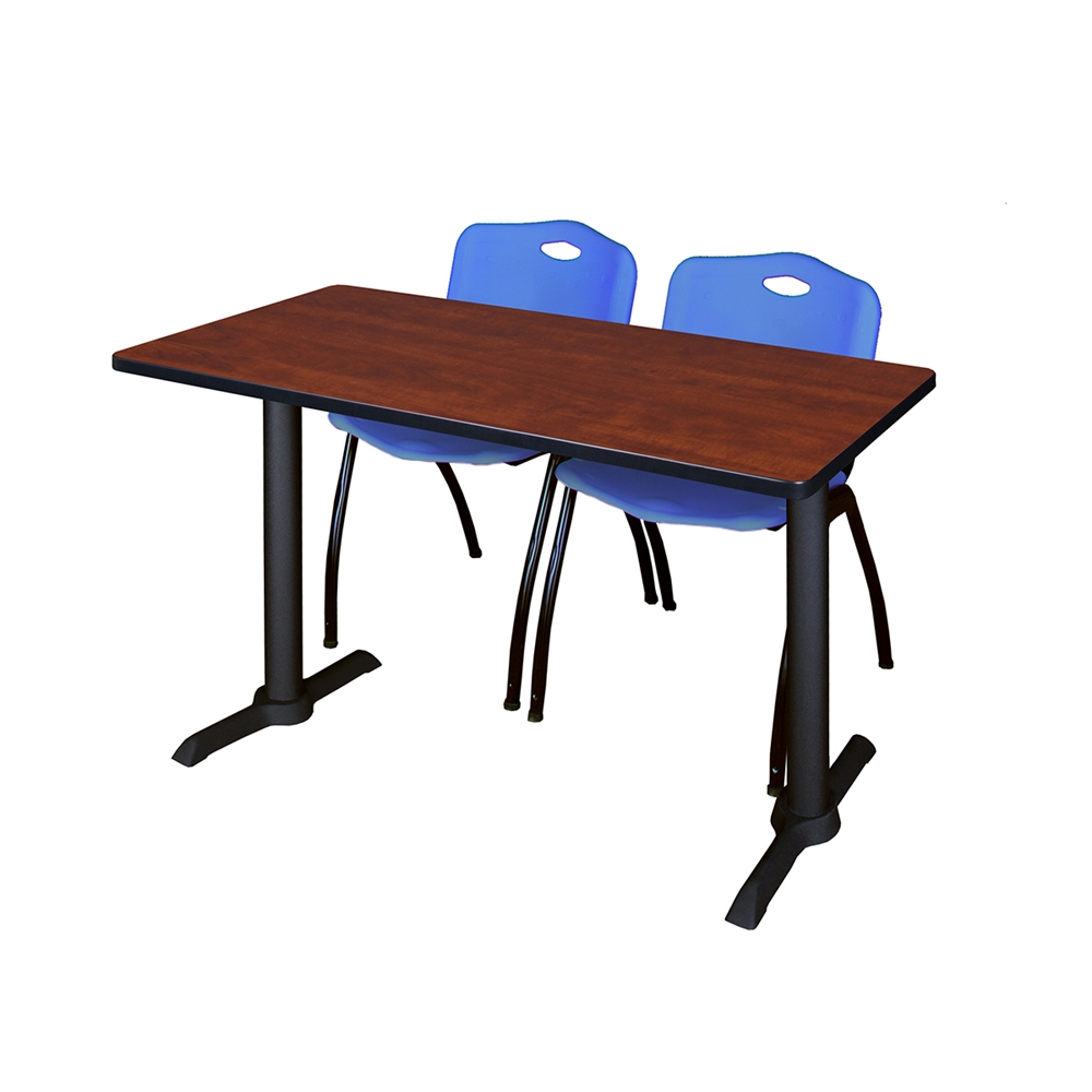 Cain 42" x 24" Training Table- Cherry & 2 'M' Stack Chairs- Blue. Picture 1