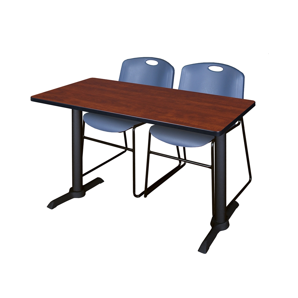 Cain 48" x 24" Training Table- Cherry & 2 Zeng Stack Chairs- Blue. Picture 1