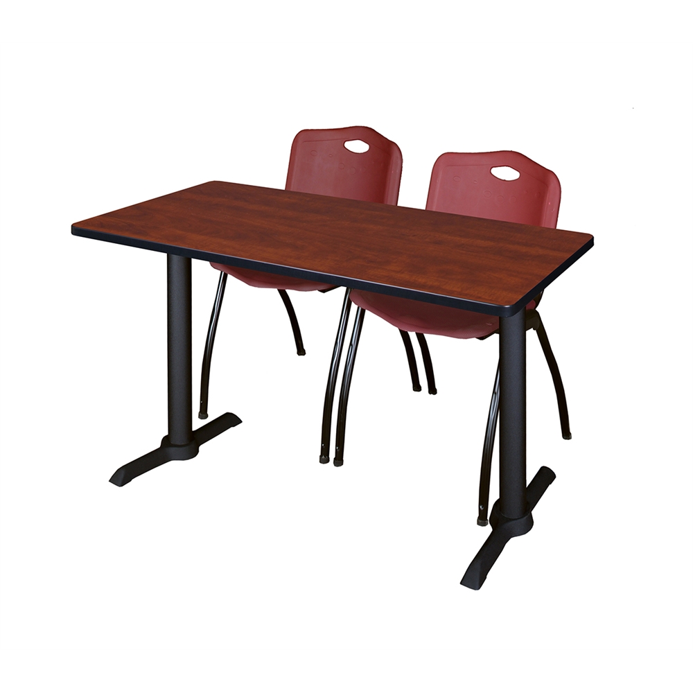 Cain 48" x 24" Training Table- Cherry & 2 'M' Stack Chairs- Burgundy. Picture 1