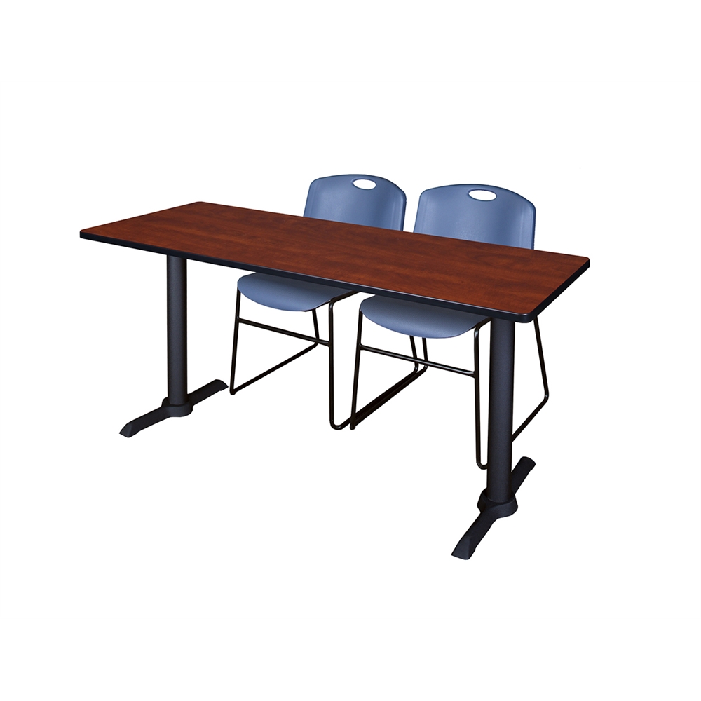 Cain 60" x 24" Training Table- Cherry & 2 Zeng Stack Chairs- Blue. Picture 1