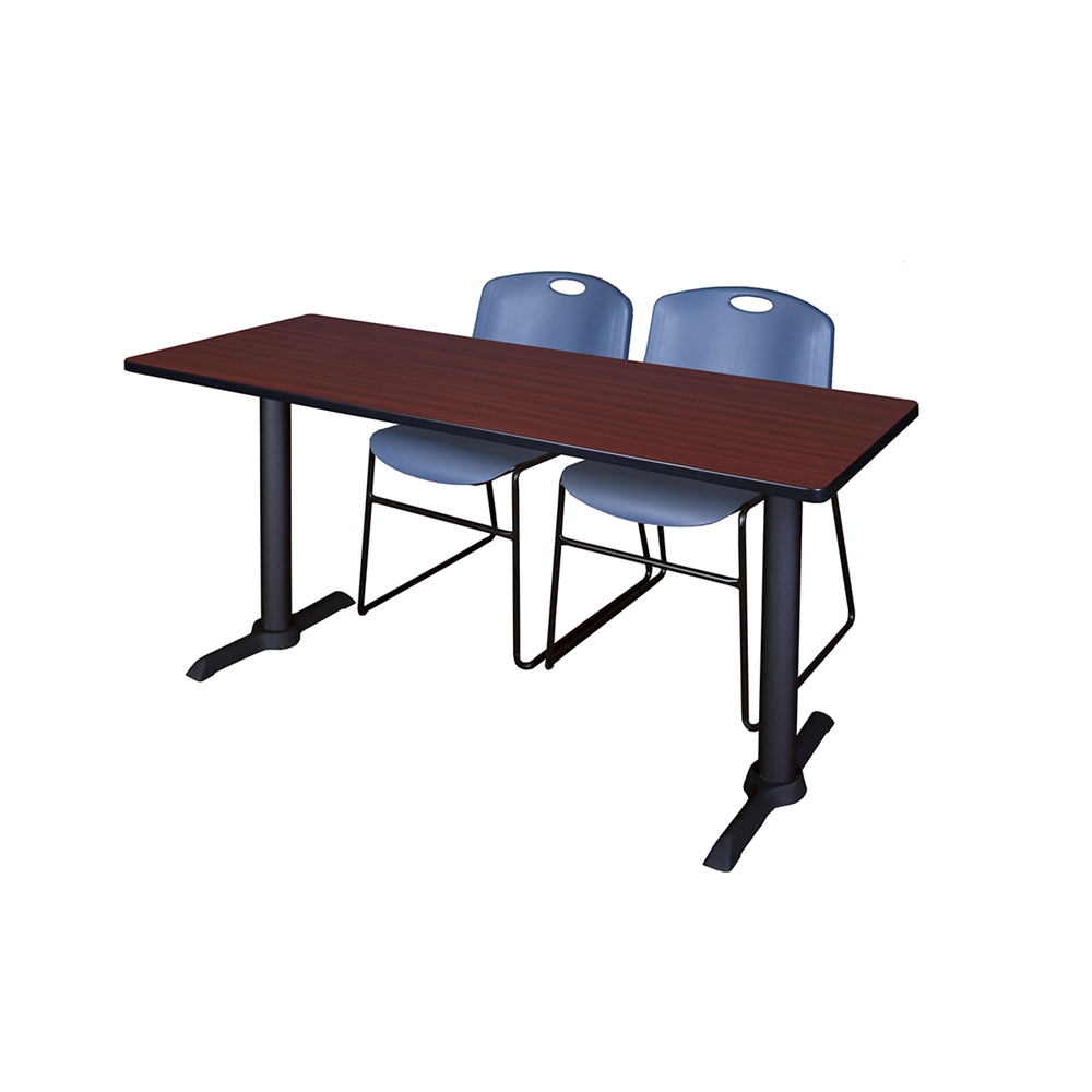 Cain 60" x 24" Training Table- Mahogany & 2 Zeng Stack Chairs- Blue. Picture 1