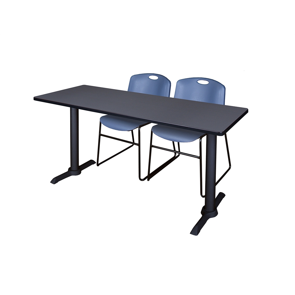 Cain 66" x 24" Training Table- Grey & 2 Zeng Stack Chairs- Blue. Picture 1