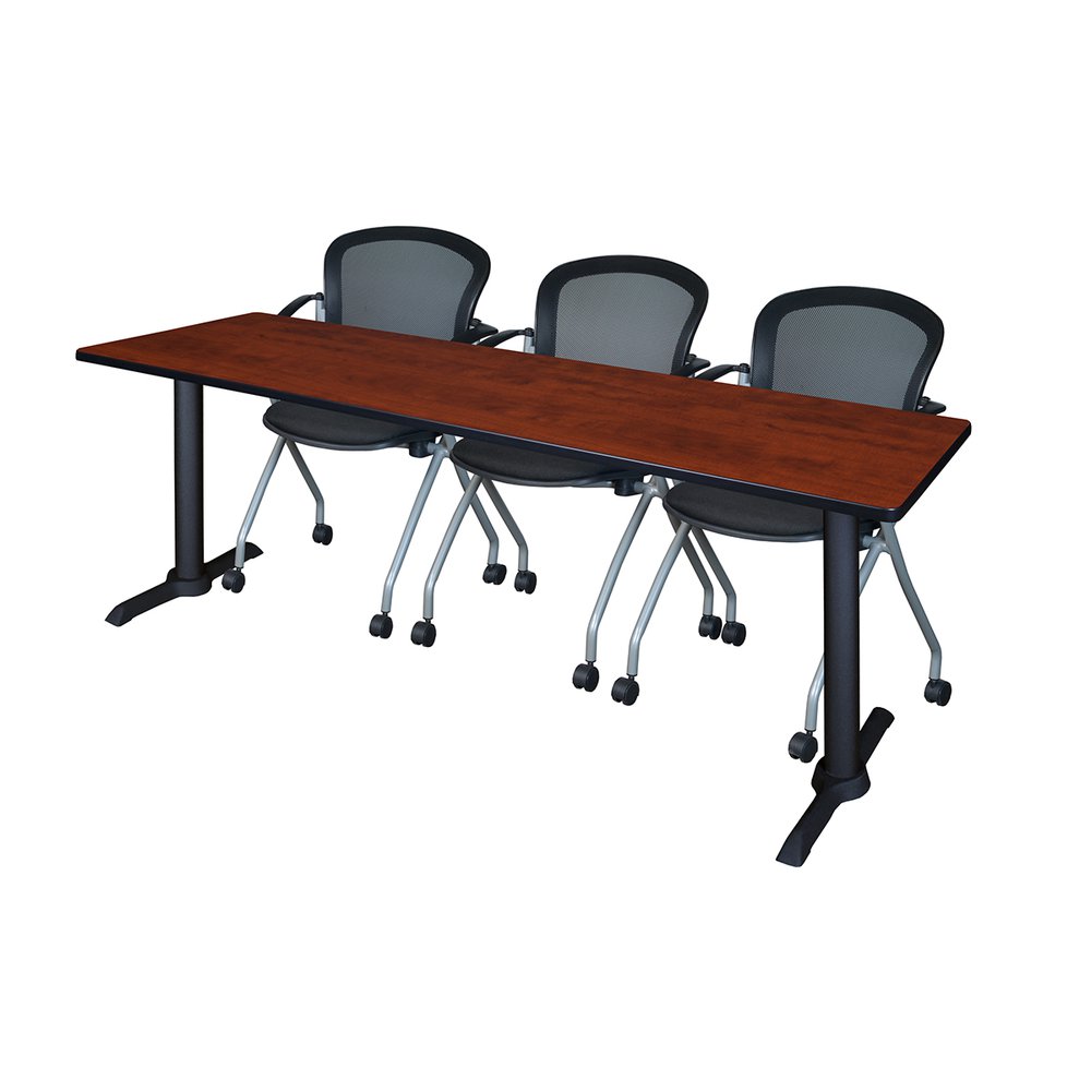 Cain 84" x 24" Training Table- Cherry & 3 Cadence Nesting Chairs- Black. Picture 1
