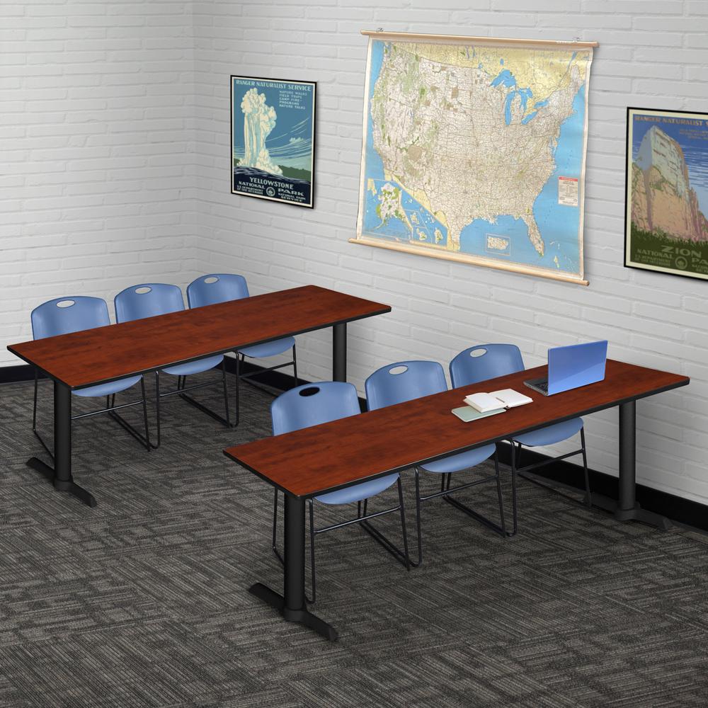 Cain 84" x 24" Training Table- Cherry & 3 Zeng Stack Chairs- Blue. Picture 2