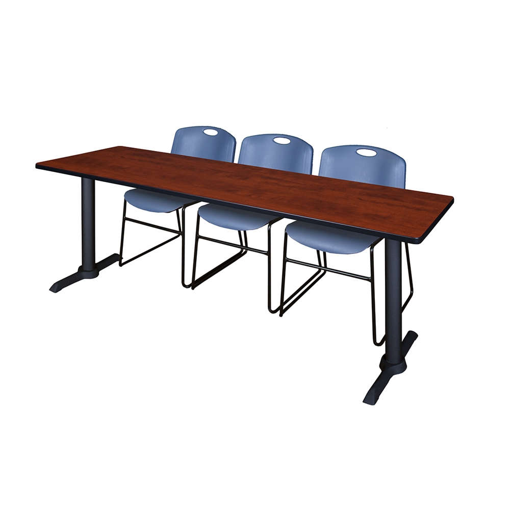 Cain 84" x 24" Training Table- Cherry & 3 Zeng Stack Chairs- Blue. Picture 1