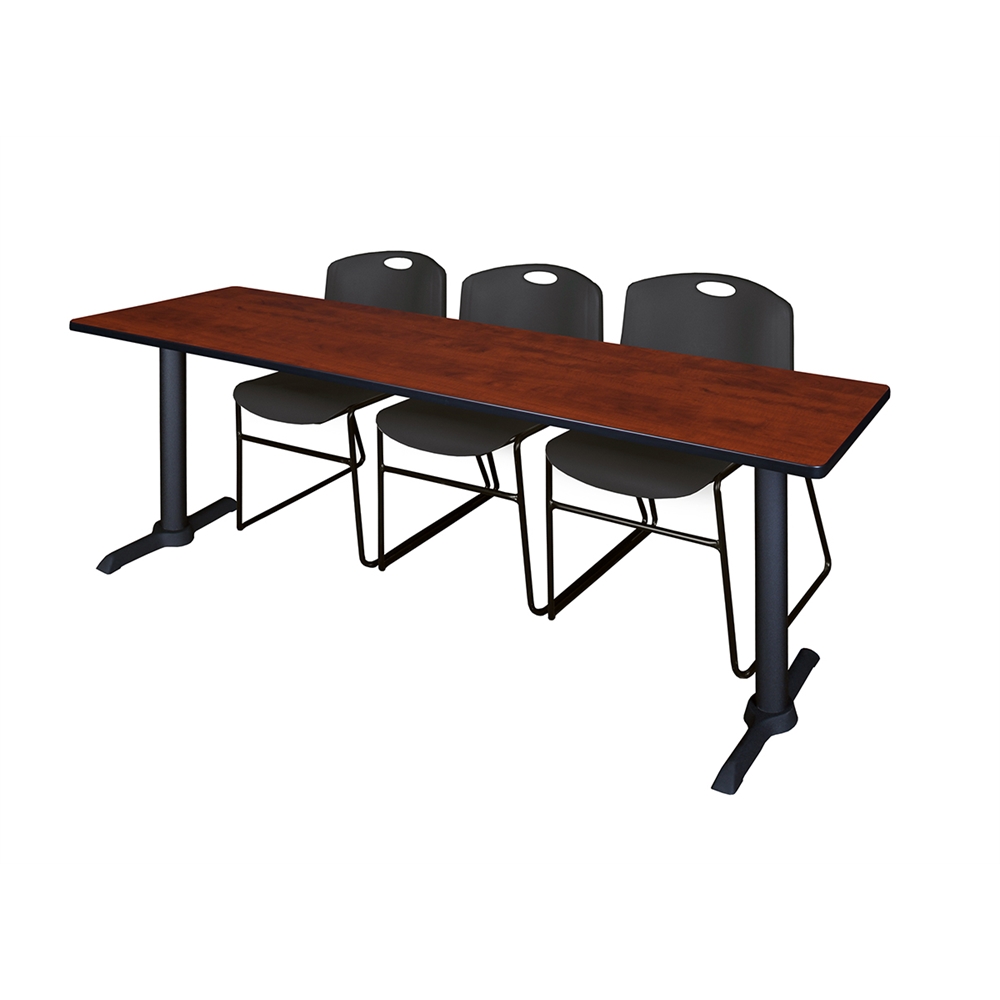 Cain 84" x 24" Training Table- Cherry & 3 Zeng Stack Chairs- Black. Picture 1