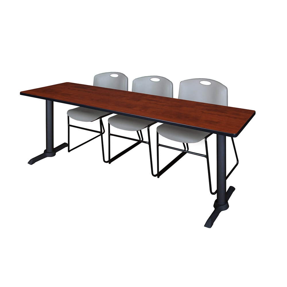 Cain 84" x 24" Training Table- Cherry & 3 Zeng Stack Chairs- Grey. Picture 1