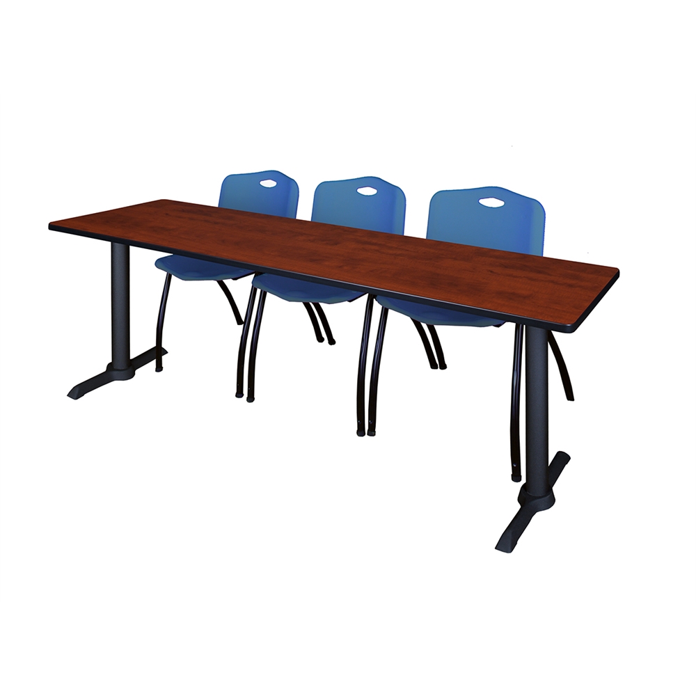 Cain 84" x 24" Training Table- Cherry & 3 'M' Stack Chairs- Blue. Picture 1