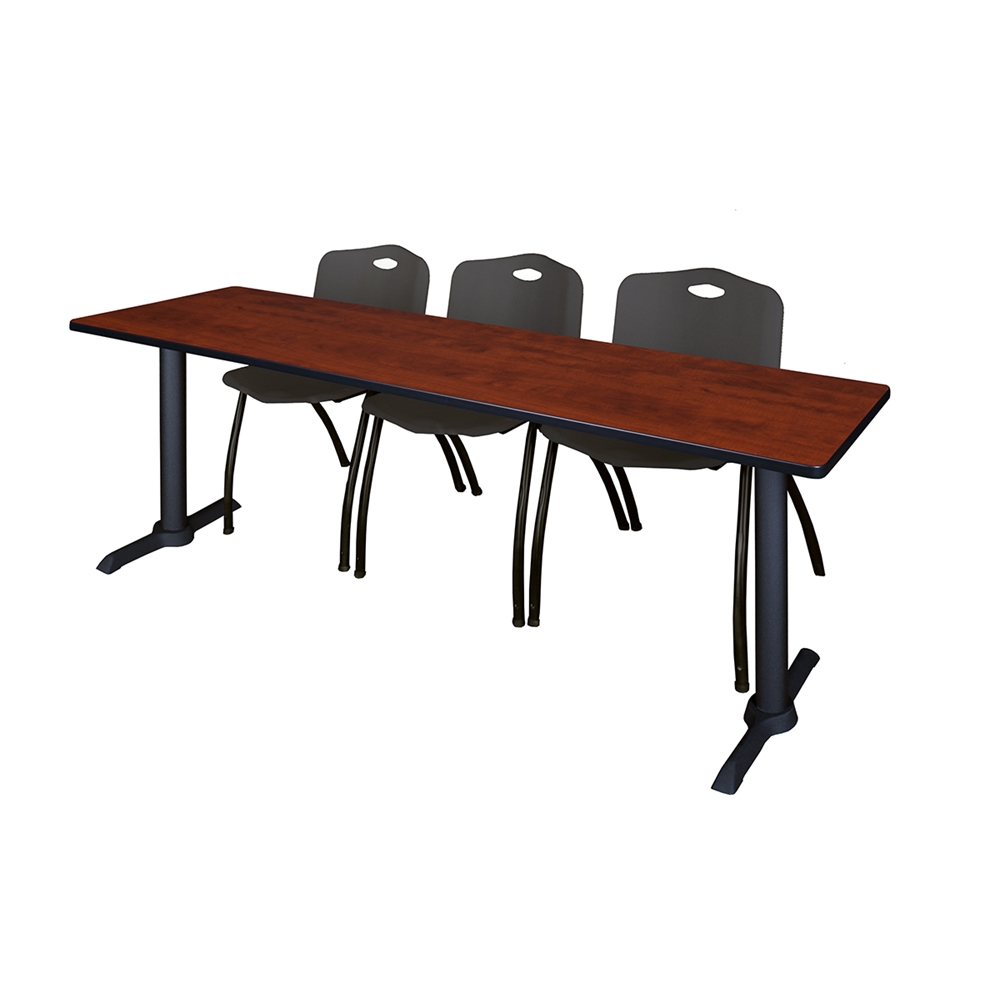 Cain 84" x 24" Training Table- Cherry & 3 'M' Stack Chairs- Black. Picture 1