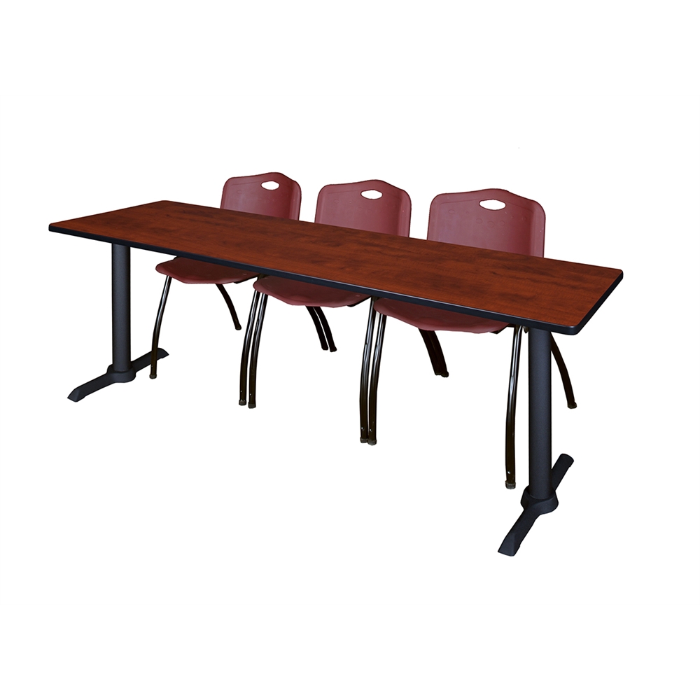 Cain 84" x 24" Training Table- Cherry & 3 'M' Stack Chairs- Burgundy. Picture 1