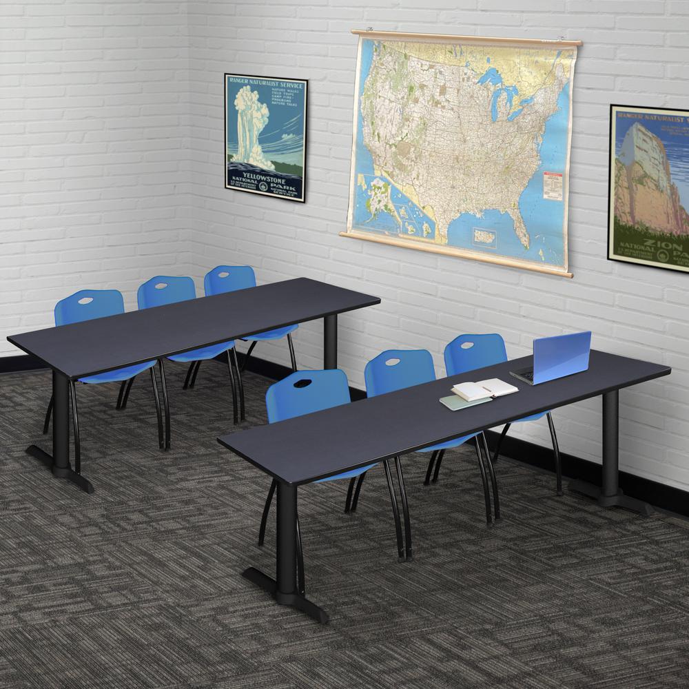 Cain 84" x 24" Training Table- Grey & 3 'M' Stack Chairs- Blue. Picture 2