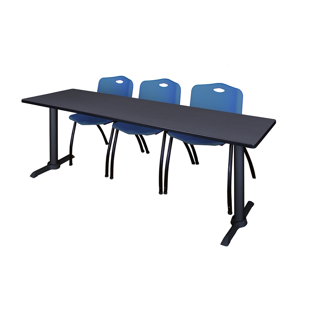 Cain 84" x 24" Training Table- Grey & 3 'M' Stack Chairs- Blue. Picture 1