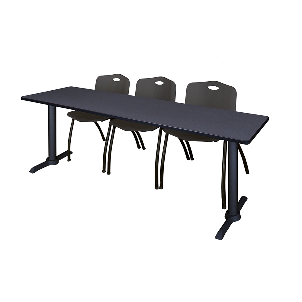 Cain 84" x 24" Training Table- Grey & 3 'M' Stack Chairs- Black. Picture 1
