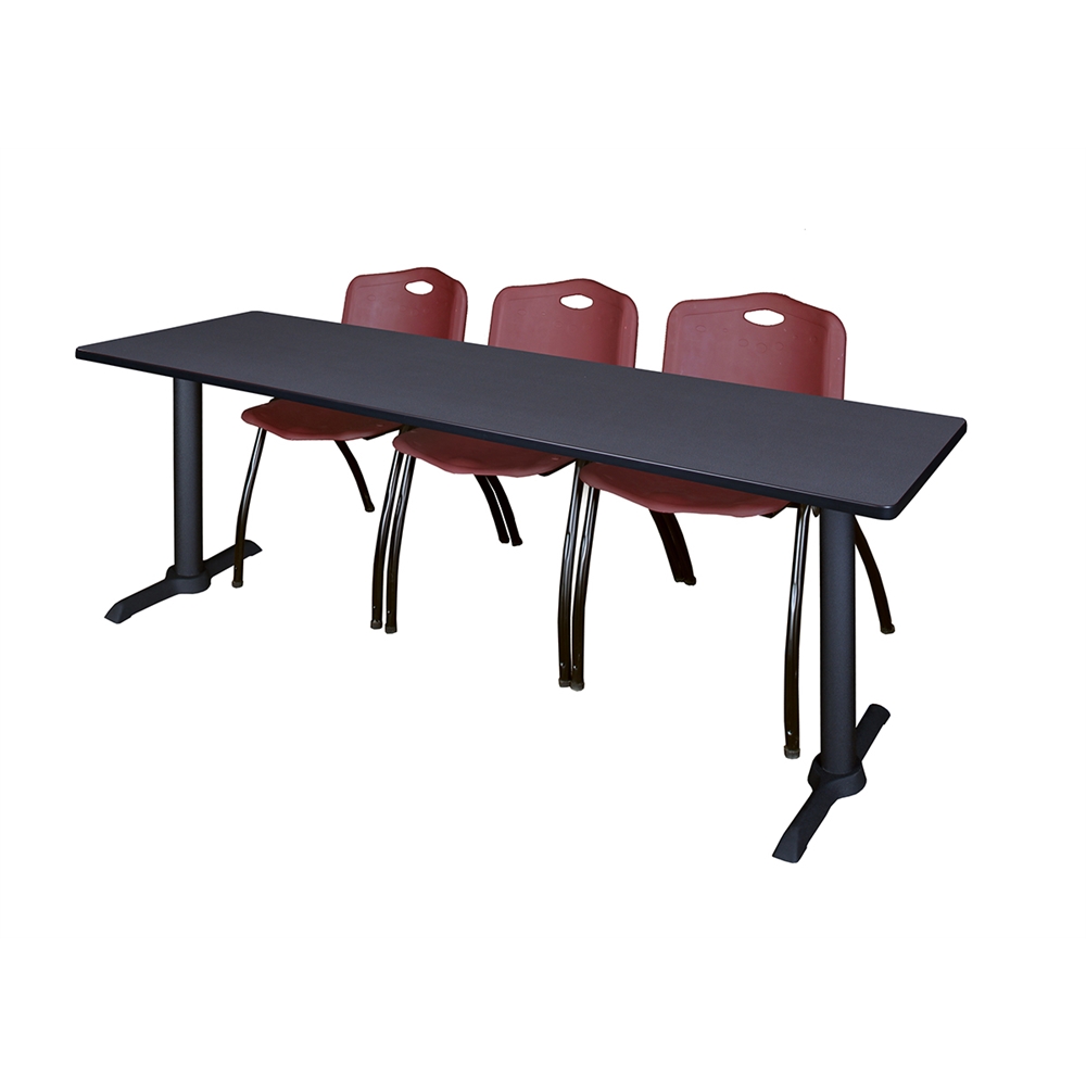 Cain 84" x 24" Training Table- Grey & 3 'M' Stack Chairs- Burgundy. Picture 1