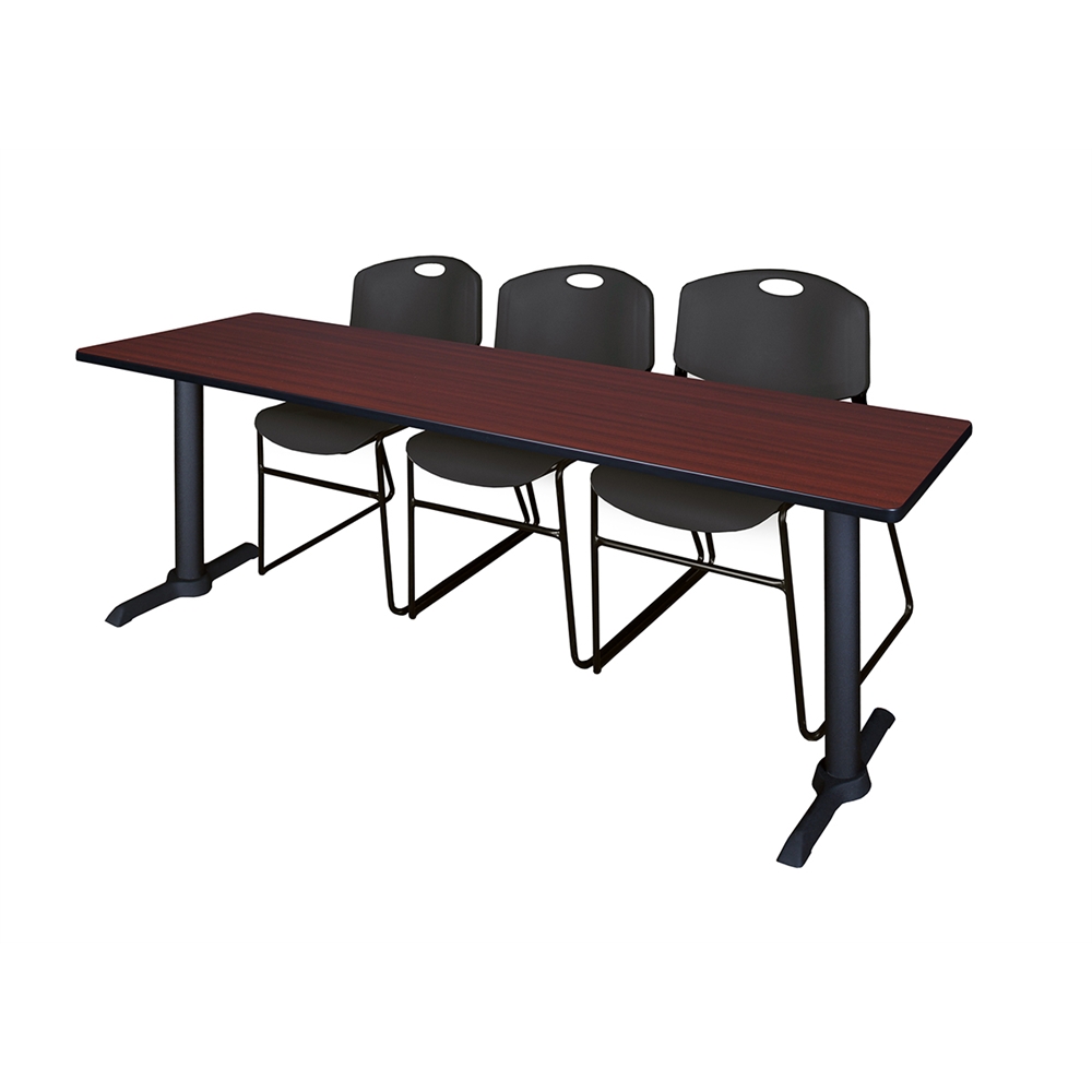 Cain 84" x 24" Training Table- Mahogany & 3 Zeng Stack Chairs- Black. Picture 1