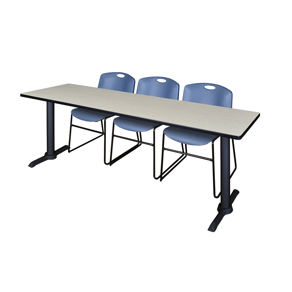 Cain 84" x 24" Training Table- Maple & 3 Zeng Stack Chairs- Blue. Picture 1