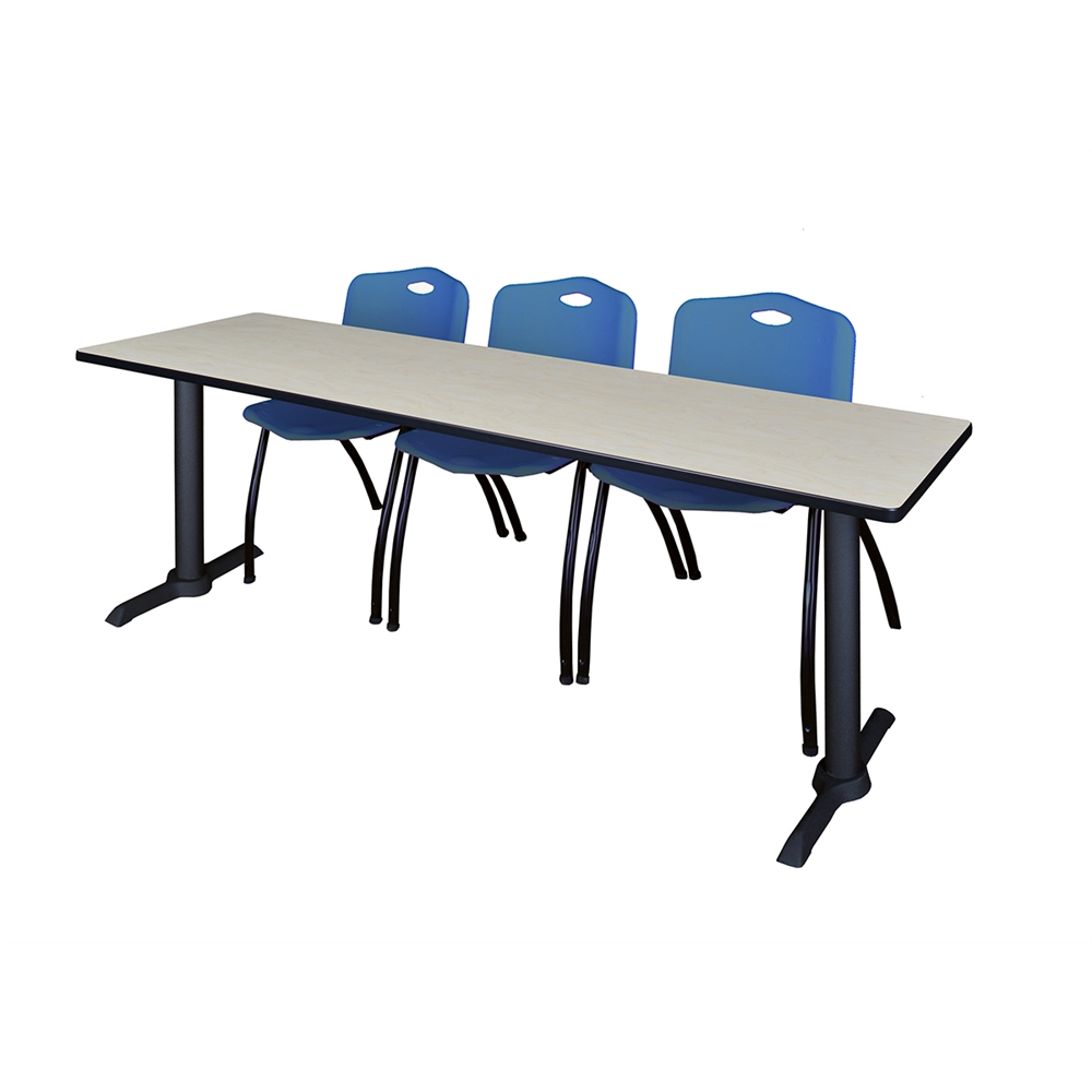 Cain 84" x 24" Training Table- Maple & 3 'M' Stack Chairs- Blue. Picture 1
